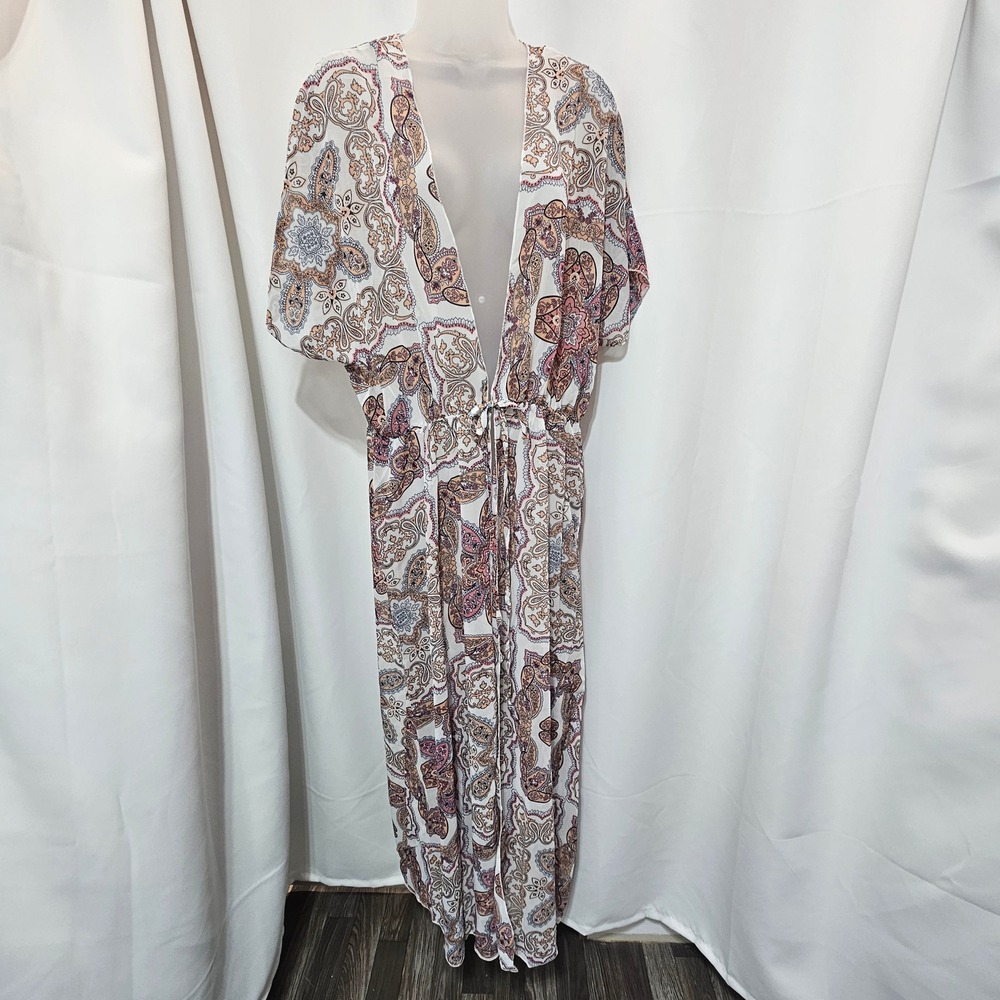 Paisley Medallion Maxi Swim Cover Up Pink Tan White 1X kimono boho festival